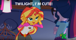 Size: 1230x652 | Tagged: safe, edit, edited screencap, screencap, sci-twi, sunset shimmer, twilight sparkle, equestria girls, g4, my little pony equestria girls: legend of everfree, captain obvious, cute, discovery kids