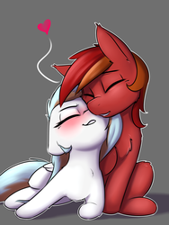 Size: 1800x2400 | Tagged: safe, artist:captainpudgemuffin, oc, oc only, oc:blaze emberbreath, oc:waffles, blushing, cute, duo, heart, male, snuggling, straight, wafflaze