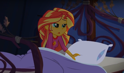 Size: 964x566 | Tagged: safe, screencap, sunset shimmer, equestria girls, g4, my little pony equestria girls: legend of everfree, bed, clothes, female, pajamas, solo, tired