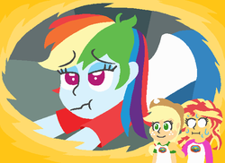 Size: 580x423 | Tagged: safe, artist:threetwotwo32232, applejack, rainbow dash, sunset shimmer, equestria girls, g4, my little pony equestria girls: legend of everfree, camp everfree outfits, clothes, cowboy hat, female, freckles, hat, iwtcird, lesbian, meme, scrunchy face, ship:appledash, shipping, smiling, sweat, telepathy