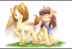 Size: 1604x1094 | Tagged: safe, artist:meewin, oc, oc only, oc:moon brush, earth pony, pegasus, pony, beret, clothes, oc x oc, scarf, shipping