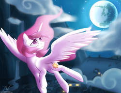 Size: 1300x1000 | Tagged: safe, artist:glitterlunaria, princess celestia, g4, crying, female, flying, mare in the moon, moon, mountain, night, pink-mane celestia, sad, solo, stars, town, waterfall, younger
