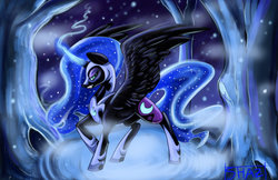 Size: 1024x663 | Tagged: safe, artist:commander booty call, nightmare moon, g4, female, forest, grin, magic, night, smiling, solo, spread wings, stars