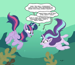 Size: 1967x1707 | Tagged: safe, artist:jbwarner86, starlight glimmer, twilight sparkle, alicorn, pony, unicorn, every little thing she does, g4, my little pony: friendship is magic, dialogue, duo, duo female, female, gurgling, mare, speech bubble, twilight sparkle (alicorn), underwater