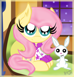 Size: 1210x1256 | Tagged: safe, artist:kelsey139, angel bunny, fluttershy, g4, clothes, couch, cute, female, shyabetes, solo