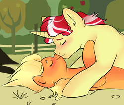 Size: 1192x1013 | Tagged: safe, artist:howlingatthemoon654, applejack, flim, pony, g4, duo, kissing, male, on top, ship:flimjack, shipping, straight