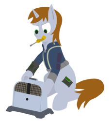 Size: 2100x2275 | Tagged: safe, artist:frostspear, oc, oc only, oc:littlepip, pony, unicorn, fallout equestria, clothes, cutie mark, fanfic, fanfic art, female, high res, hooves, horn, jumpsuit, mare, mouth hold, pipbuck, screwdriver, simple background, solo, toaster, toaster repair pony, transparent background, vault suit