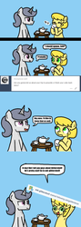 Size: 640x1800 | Tagged: safe, artist:ficficponyfic, snails, oc, oc:golden brisk, oc:silver breeze, g4, ask, female, femboy, food, glitter shell, goldeeze, male, question, reverse trap, simple background, sipping, speech bubble, tea, tea set, teacup, trap, tumblr