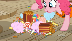 Size: 2531x1431 | Tagged: safe, screencap, pinkie pie, earth pony, pony, g4, ppov, candy, cotton candy, female, food, lollipop, mare, peanut, solo