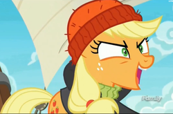 Size: 2153x1423 | Tagged: safe, screencap, applejack, earth pony, pony, g4, ppov, >:d, applejack is best facemaker, captain jackbeard, discovery family logo, evil grin, evil laugh, female, laughing, mare, smiling, solo