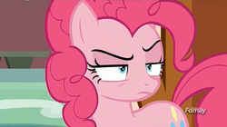 Size: 1269x709 | Tagged: safe, screencap, pinkie pie, earth pony, pony, g4, ppov, angry, discovery family logo, female, mare, scowl, solo, unamused, when she doesn't smile