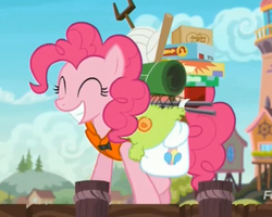 Size: 1653x1321 | Tagged: safe, screencap, pinkie pie, earth pony, pony, g4, ppov, board game, female, luggage, mare, piñata, seaward shoals, smiling, solo