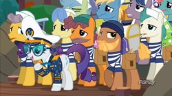 Size: 1918x1077 | Tagged: safe, screencap, anchors aweigh, beach breaker, pepper french, rarity, sandy wave, schooner loop, seaside jack, sunny waves, water whirled, whale trotter, pony, g4, ppov, captain rarity, devon cody, discovery family logo, porter, sailor