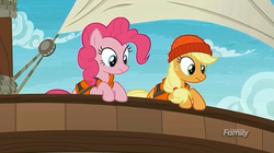 Size: 1269x709 | Tagged: safe, screencap, applejack, pinkie pie, pony, g4, ppov, discovery family logo