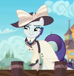 Size: 1205x1229 | Tagged: safe, screencap, rarity, pony, unicorn, g4, ppov, clothes, cropped, dress, ear piercing, earring, female, giant hat, hat, jewelry, mare, needs more jpeg, piercing, raristocrat, rose dewitt bukater, solo, titanic