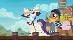 Size: 1269x707 | Tagged: safe, screencap, rarity, whale trotter, earth pony, pony, unicorn, g4, ppov, clothes, devon cody, discovery family logo, ear piercing, earring, female, giant hat, hat, jewelry, male, piercing, porter, raristocrat, rose dewitt bukater, sailor, seaward shoals, titanic