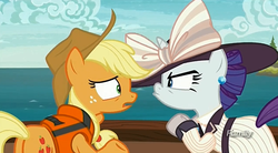 Size: 1269x703 | Tagged: safe, screencap, applejack, rarity, pony, g4, ppov, clothes, discovery family logo, duo, giant hat, hat, movie reference, pouting, raristocrat, titanic