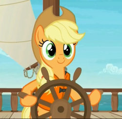 Size: 1445x1403 | Tagged: safe, screencap, applejack, earth pony, pony, g4, ppov, c:, cute, dexterous hooves, female, helm, jackabetes, mare, smiling, solo, steering wheel