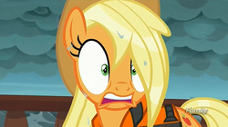 Size: 1265x707 | Tagged: safe, screencap, applejack, earth pony, pony, g4, ppov, discovery family logo, female, mare, solo, wet mane