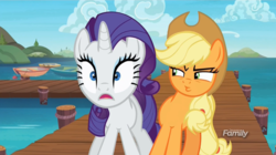 Size: 1566x878 | Tagged: safe, screencap, applejack, rarity, pony, g4, ppov, seaward shoals