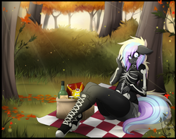 Size: 1280x1010 | Tagged: safe, artist:teranen, oc, oc only, oc:ice trio, anthro, plantigrade anthro, anthro oc, autumn, clothes, colored pupils, converse, forest, picnic, shoes, sneakers, solo, surprised