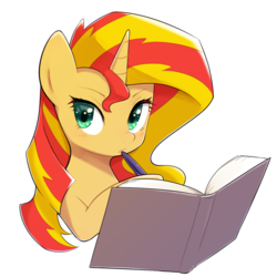 Size: 1100x1100 | Tagged: safe, artist:30clock, sunset shimmer, pony, unicorn, g4, book, bust, cute, female, holding, mare, pen, shimmerbetes, simple background, solo, thinking, white background