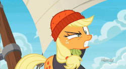 Size: 896x493 | Tagged: safe, screencap, applejack, earth pony, pony, g4, ppov, animated, captain jackbeard, clothes, discovery family logo, female, gif, laughing, nose in the air, silly, silly pony, solo, volumetric mouth, who's a silly pony