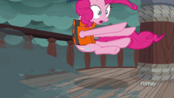 Size: 500x281 | Tagged: safe, screencap, applejack, pinkie pie, earth pony, pony, g4, ppov, :d, animated, captain jackbeard, clothes, cute, discovery family logo, female, gif, happy, hat, jackabetes, jumpscare, lifejacket, mare, open mouth, shrunken pupils, silly, silly pony, sitting, smiling, when she smiles, who's a silly pony