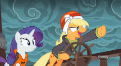 Size: 720x396 | Tagged: safe, screencap, applejack, rarity, pony, g4, ppov, animated, captain jackbeard, female, gif, helm, nose in the air, silly, silly pony, steering wheel, volumetric mouth, who's a silly pony