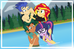 Size: 1120x736 | Tagged: safe, artist:dm29, flash sentry, sci-twi, sunset shimmer, timber spruce, twilight sparkle, equestria girls, g4, my little pony equestria girls: legend of everfree, belly button, camp everfree, clothes, swimsuit, topless