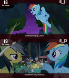 Size: 640x720 | Tagged: safe, edit, edited screencap, screencap, biff, daring do, doctor caballeron, rainbow dash, rogue (g4), withers, earth pony, pegasus, pony, cinemare sins, daring don't, g4, female, henchmen, male, mare, stallion