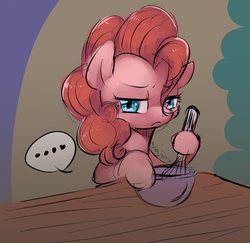 Size: 1620x1576 | Tagged: safe, artist:yajima, pinkie pie, earth pony, pony, every little thing she does, g4, ..., bad end, baking, bowl, egg beater, female, frown, grumpy, mare, serious, solo, table