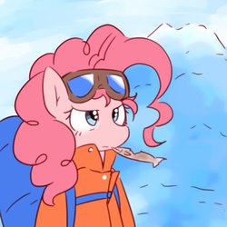 Size: 2057x2057 | Tagged: safe, artist:akainu_pony, pinkie pie, g4, backpack, clothes, female, goggles, high res, mountain, mouth hold, solo