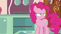 Size: 500x281 | Tagged: safe, screencap, pinkie pie, earth pony, pony, g4, ppov, season 6, animated, baking, discovery family logo, female, gif, kicking, mare, mouth hold, oven, solo