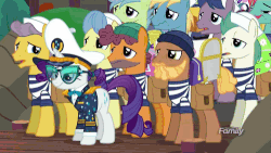 Size: 500x281 | Tagged: safe, screencap, anchors aweigh, beach breaker, pepper french, rarity, sandy wave, schooner loop, seaside jack, sunny waves, water whirled, whale trotter, pony, g4, ppov, animated, captain rarity, devon cody, discovery family logo, female, gif, glasses, porter, sailor, unnamed character, unnamed pony