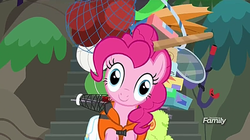 Size: 1267x711 | Tagged: safe, screencap, pinkie pie, earth pony, pony, g4, ppov, derp, discovery family logo, female, mare, solo, thousand yard stare