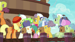 Size: 500x281 | Tagged: safe, screencap, anchors aweigh, applejack, beach breaker, floatie stitch, old salt, pinkie pie, schooner loop, seaside jack, water whirled, earth pony, pony, g4, ppov, animated, background pony, boat, discovery family logo, female, gif, lifejacket, luggage, male, mare, porter, saddle bag, sailor, seaward shoals, stallion