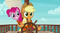 Size: 1275x709 | Tagged: safe, screencap, applejack, pinkie pie, pony, g4, ppov, discovery family logo