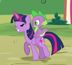 Size: 478x430 | Tagged: safe, screencap, spike, twilight sparkle, alicorn, dragon, pony, g4, ppov, cropped, dragons riding ponies, female, lidded eyes, male, mare, mid-blink screencap, riding, spike riding twilight, twilight sparkle (alicorn)