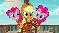 Size: 1271x711 | Tagged: safe, edit, edited screencap, screencap, applejack, pinkie pie, g4, ppov, discovery family logo