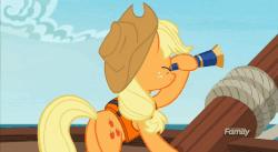 Size: 912x500 | Tagged: safe, screencap, applejack, earth pony, pony, g4, ppov, animated, applejack's hat, blinking, butt, cowboy hat, cute, discovery family logo, female, gif, hat, holding, jackabetes, lifejacket, looking back, mare, open mouth, plot, raised hoof, smiling, solo, telescope