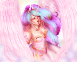 Size: 3829x3099 | Tagged: safe, artist:kk-ag, princess celestia, human, g4, clothes, dress, female, high res, horn, horned humanization, humanized, solo, spread wings, winged humanization