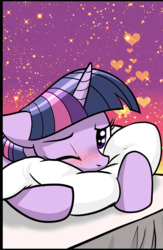 Size: 1249x1920 | Tagged: safe, artist:pencils, twilight sparkle, pony, unicorn, g4, blushing, cute, female, heart, looking at you, mare, one eye closed, pillow, solo, starry sky, stars, twiabetes