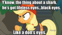 Size: 800x449 | Tagged: safe, edit, edited screencap, screencap, applejack, g4, ppov, captain jackbeard, discovery family logo, female, jaws, meme, movie quote, solo