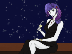 Size: 1024x768 | Tagged: safe, artist:eulicious, rarity, human, g4, alcohol, champagne, clothes, dress, female, hairpin, humanized, implied rarijack, jewelry, lipstick, looking at you, night, pony coloring, solo, wine