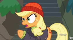 Size: 840x467 | Tagged: safe, screencap, applejack, earth pony, pony, g4, ppov, captain jackbeard, discovery family logo, female, mare, solo