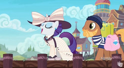 Size: 845x467 | Tagged: safe, screencap, rarity, whale trotter, pony, g4, ppov, clothes, devon cody, discovery family logo, giant hat, hat, porter, raristocrat, sailor