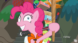 Size: 845x467 | Tagged: safe, screencap, pinkie pie, earth pony, pony, g4, ppov, derp, discovery family logo, faic, female, mare, pinkie derp, solo