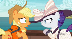 Size: 845x467 | Tagged: safe, screencap, applejack, rarity, earth pony, pony, unicorn, g4, ppov, clothes, discovery family logo, duo, duo female, female, giant hat, hat, mare, raristocrat