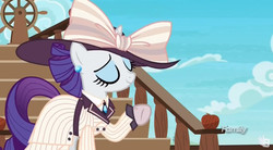 Size: 845x467 | Tagged: safe, screencap, rarity, pony, g4, ppov, clothes, discovery family logo, female, giant hat, hat, mare, raristocrat, solo